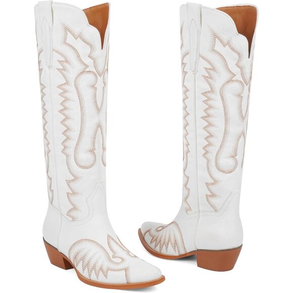 Women's White Western Cowboy Boots Knee High Chunky Heel Embroidery Boots - Picture 5 of 7